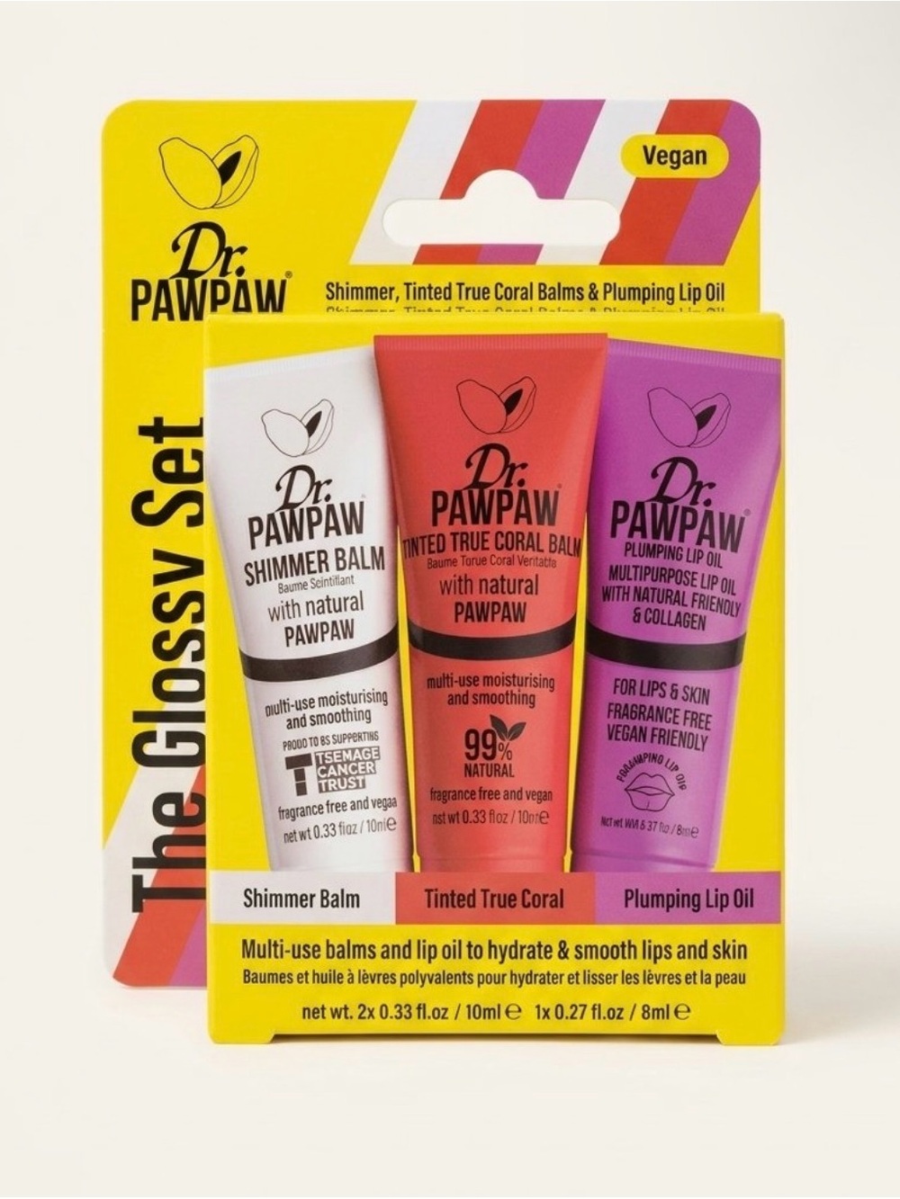 Dr. Paw Paw The Glossy Set SHIMMER BALM, TRUE CORAL BALM, LIP OIL NIB!